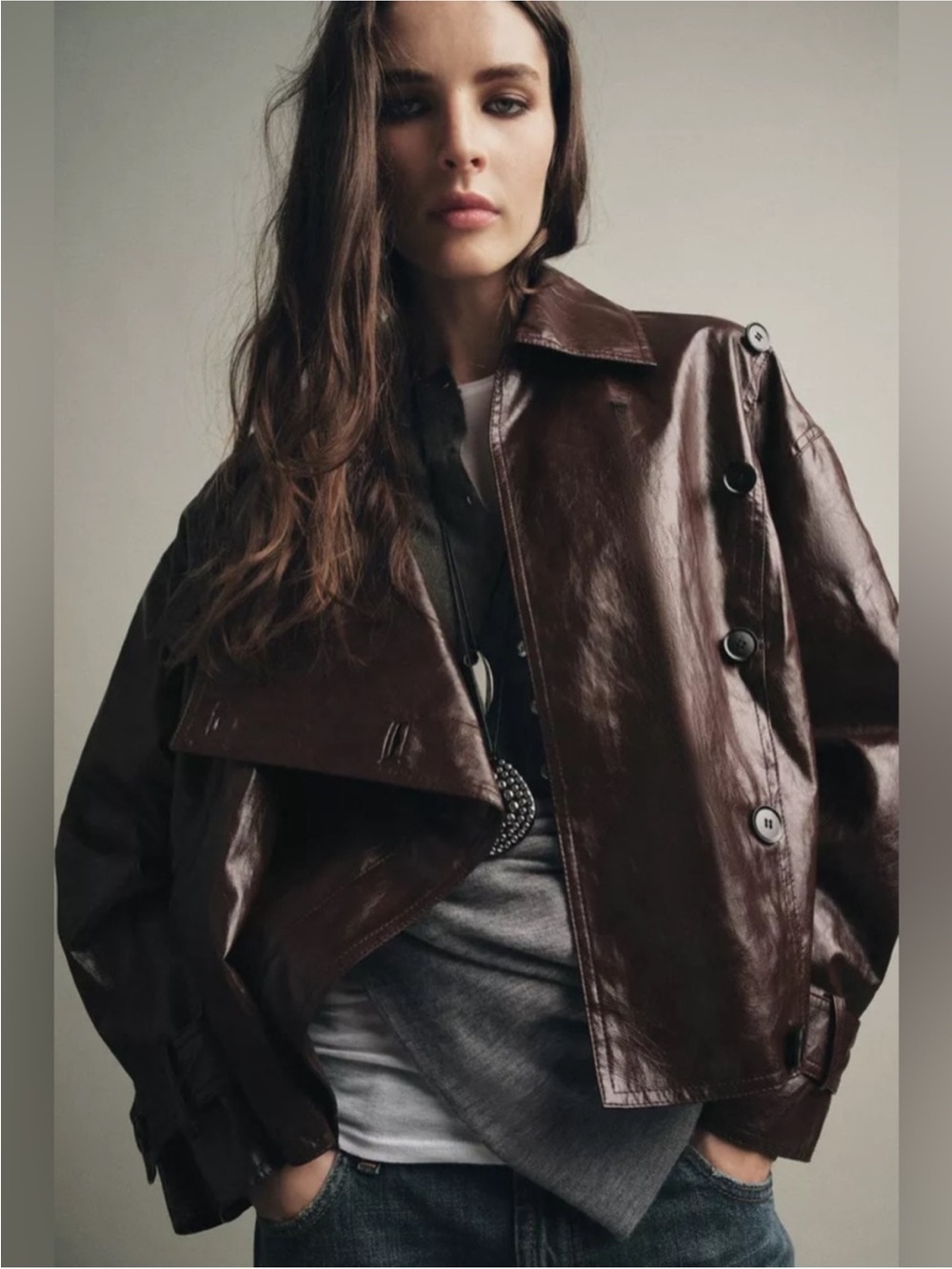 Zara Collection Shiny Jacket in Dark Brown